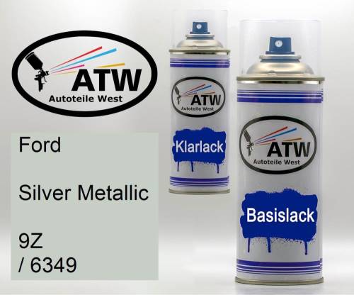 Ford, Silver Metallic, 9Z / 6349: 400ml Sprühdose + 400ml Klarlack - Set, von ATW Autoteile West.